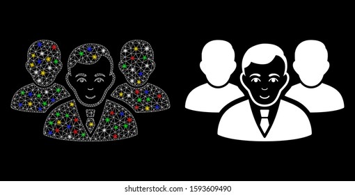 Bright mesh team icon with glow effect. Abstract illuminated model of team. Shiny wire carcass triangular mesh team icon. Vector abstraction on a black background.