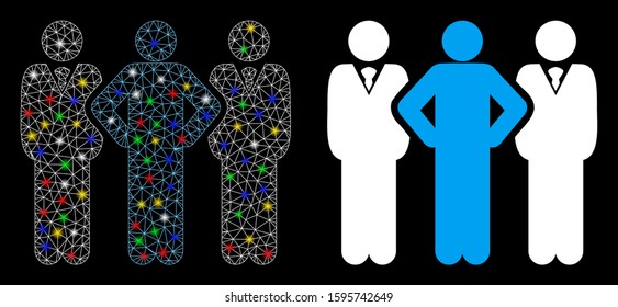 Bright mesh team icon with sparkle effect. Abstract illuminated model of team. Shiny wire frame triangular mesh team icon. Vector abstraction on a black background.