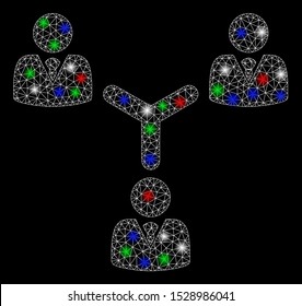 Bright mesh teamwork with glare effect. White wire carcass polygonal network in vector format on a black background. Abstract 2d mesh designed with polygonal grid, spheric points,