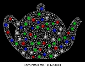 Bright mesh teapot with glare effect. White wire frame polygonal mesh in vector format on a black background. Abstract 2d mesh built from polygonal grid, round dots, colored glare spots.