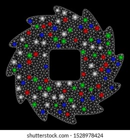 Bright mesh teeth ratchet wheel with glow effect. White wire frame triangular mesh in vector format on a black background. Abstract 2d mesh designed with triangles, round dots, colorful flash spots.