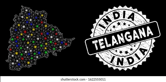 Bright mesh Telangana State map with glare effect, and seal stamp. Wire carcass triangular Telangana State map network in vector format on a black background.