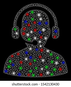 Bright mesh telemarketing with glare effect. White wire frame triangular mesh in vector format on a black background. Abstract 2d mesh designed with polygonal grid, points, colorful light spots.