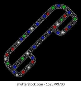 Bright mesh telephone with glare effect. White wire frame triangular mesh in vector format on a black background. Abstract 2d mesh designed with triangular lines, points, colored glare spots.