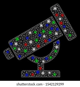 Bright mesh telescope with glare effect. White wire carcass triangular mesh in vector format on a black background. Abstract 2d mesh designed with triangular lines, dots, colored light spots.