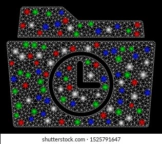 Bright mesh temporary folder with glare effect. White wire carcass triangular mesh in vector format on a black background. Abstract 2d mesh designed with polygonal grid, small circle,