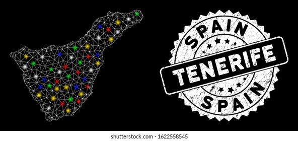 Bright mesh Tenerife Spain Island map with glare effect, and seal stamp. Wire frame polygonal Tenerife Spain Island map network in vector format on a black background.