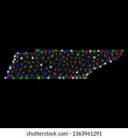 Bright mesh Tennessee State map with glare effect. Wire frame triangular mesh in vector format on a black background. Abstract 2d mesh designed with triangular lines, points, colored glare spots.