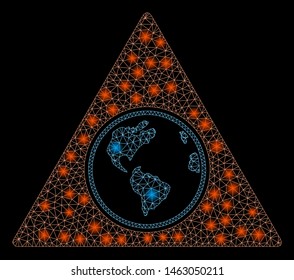 Bright mesh terra triangle with glare effect. Abstract illuminated model of terra triangle icon. Shiny wire carcass triangular mesh terra triangle. Vector abstraction on a black background.