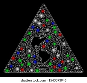 Bright mesh terra triangle with glare effect. White wire carcass triangular network in vector format on a black background. Abstract 2d mesh built from triangular lines, round dots,