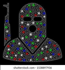 Bright mesh terrorist with lightspot effect. White wire carcass triangular mesh in vector format on a black background. Abstract 2d mesh built from triangular lines, spheric points,