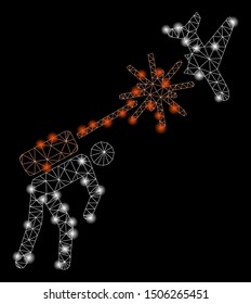 Bright mesh terrorist strikes aircraft with sparkle effect. Abstract illuminated model of terrorist strikes aircraft icon. Shiny wire carcass triangular mesh terrorist strikes aircraft.