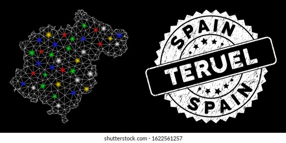 Bright mesh Teruel Province map with glare effect, and rubber print. Wire frame polygonal Teruel Province map mesh in vector format on a black background. White round stamp with distress surface.