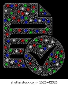 Bright mesh test page with lightspot effect. White wire frame triangular mesh in vector format on a black background. Abstract 2d mesh designed with triangles, dots, colorful light spots.