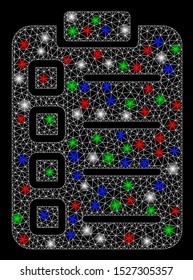 Bright mesh test tasks with glare effect. White wire carcass polygonal mesh in vector format on a black background. Abstract 2d mesh created from triangular lines, spheric points, colored glare spots.