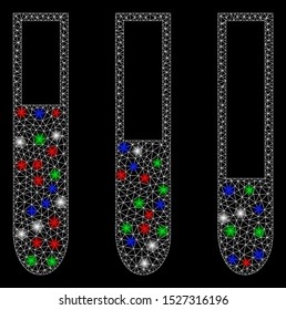 Bright mesh test-tubes with glare effect. White wire frame triangular mesh in vector format on a black background. Abstract 2d mesh designed with triangular lines, dots, colored glare spots.