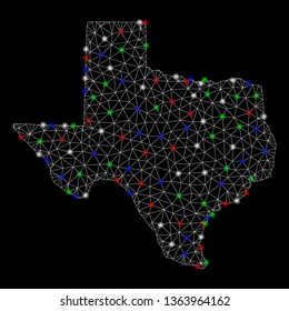 Bright mesh Texas map with glare effect. Wire carcass polygonal mesh in vector format on a black background. Abstract 2d mesh built from polygonal grid, round dots, colored glare spots.