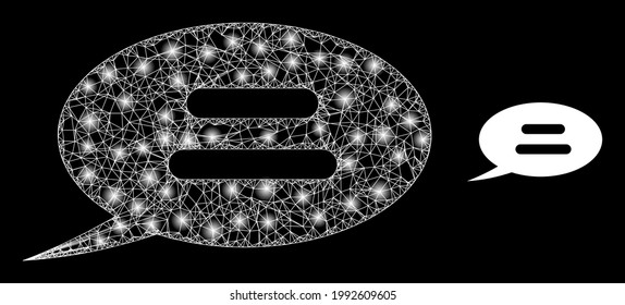 Mensaje de texto de malla brillante con manchas luminosas. Malla 2D del marco de cables generada con líneas blancas cruzadas e icono de mensaje de texto. Mensaje de texto de malla blanca y malla de marco brillante en un fondo negro.