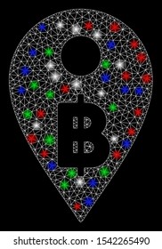 Bright mesh Thai Baht map marker with glare effect. White wire carcass polygonal mesh in vector format on a black background. Abstract 2d mesh designed with triangles, spheric points,