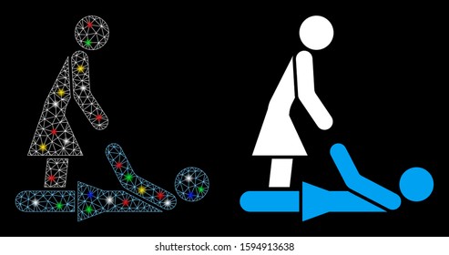 Bright mesh Thai massage icon with glare effect. Abstract illuminated model of Thai massage. Shiny wire frame triangular mesh Thai massage icon. Vector abstraction on a black background.