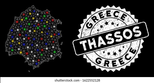 Bright mesh Thassos Greek Island map with glare effect, and watermark. Wire frame triangular Thassos Greek Island map mesh in vector format on a black background.