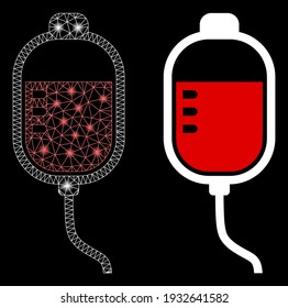 Bright mesh therapy dropper with glare effect. Abstract illuminated model based on therapy dropper icon. Shiny wire carcass polygonal mesh therapy dropper. Vector abstraction on a black background.