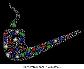 Bright mesh thinking with glare effect. White wire frame triangular mesh in vector format on a black background. Abstract 2d mesh designed with triangular lines, round dots, colorful light spots.