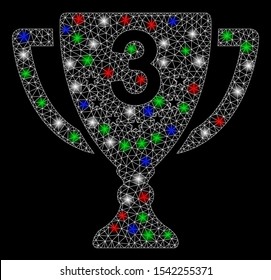 Bright mesh third place cup with lightspot effect. White wire carcass triangular mesh in vector format on a black background. Abstract 2d mesh designed with triangular lines, points,