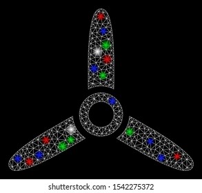 Bright mesh three bladed screw with lightspot effect. White wire carcass triangular mesh in vector format on a black background. Abstract 2d mesh designed with triangular lines, points,