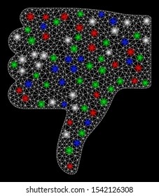 Bright mesh thumb down with glare effect. White wire frame polygonal network in vector format on a black background. Abstract 2d mesh designed with polygonal grid, round dots, colorful glare spots.