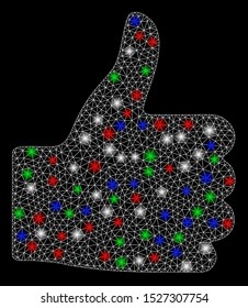 Bright mesh thumb up with glare effect. White wire frame polygonal mesh in vector format on a black background. Abstract 2d mesh designed with polygonal grid, points, colored flare spots.