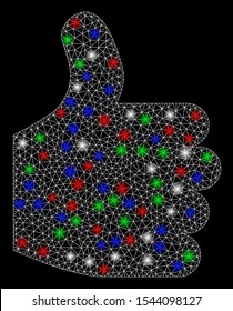 Bright mesh thumb up with glare effect. White wire carcass triangular mesh in vector format on a black background. Abstract 2d mesh designed with triangular lines, spheric points, colored glare spots.