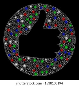 Bright mesh thumb up with glow effect. White wire carcass triangular mesh in vector format on a black background. Abstract 2d mesh designed with triangular lines, round dots, colorful flare spots.