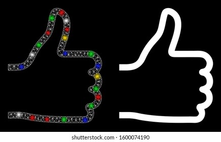 Bright mesh thumb up icon with sparkle effect. Abstract illuminated model of thumb up. Shiny wire frame triangular mesh thumb up icon. Vector abstraction on a black background.