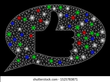 Bright mesh thumb up message with lightspot effect. White wire frame polygonal mesh in vector format on a black background. Abstract 2d mesh designed with triangles, spheric points,