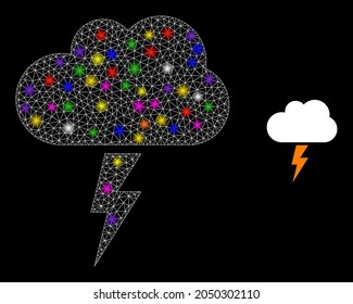 Bright mesh thunderstorm cloud constellation icon with lightspots. Illuminated vector constellation based on thunderstorm cloud glyph. Sparkle carcass mesh thunderstorm cloud on a black background.