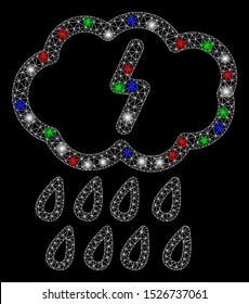 Bright mesh thunderstorm with glare effect. White wire carcass triangular mesh in vector format on a black background. Abstract 2d mesh designed with triangular lines, dots, colorful glare spots.