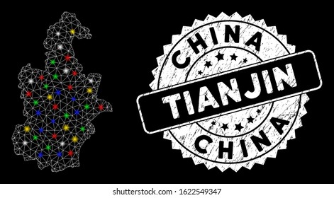 Bright mesh Tianjin City map with lightspot effect, and stamp. Wire carcass polygonal Tianjin City map mesh in vector format on a black background. White round seal with grunged surface.
