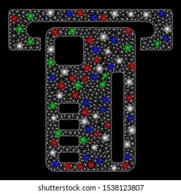 Bright mesh ticket machine with glare effect. White wire frame polygonal network in vector format on a black background. Abstract 2d mesh designed with polygonal grid, dots, colored glare spots.