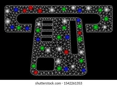 Bright mesh ticket machine with glow effect. White wire frame triangular mesh in vector format on a black background. Abstract 2d mesh designed with triangular lines, spheric points,