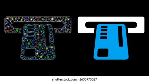 Bright mesh ticket machine icon with glare effect. Abstract illuminated model of ticket machine. Shiny wire frame polygonal network ticket machine icon. Vector abstraction on a black background.