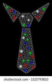 Bright mesh tie with glare effect. White wire frame polygonal mesh in vector format on a black background. Abstract 2d mesh designed with polygonal grid, points, colored light spots.