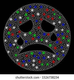 Bright mesh tiers smiley with glare effect. White wire carcass triangular mesh in vector format on a black background. Abstract 2d mesh designed with polygonal grid, spheric points,