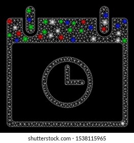 Bright mesh time calendar day with glare effect. White wire frame triangular mesh in vector format on a black background. Abstract 2d mesh designed with polygonal grid, dots, colorful glare spots.