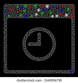 Bright mesh time calendar page with glare effect. White wire frame triangular mesh in vector format on a black background. Abstract 2d mesh built from polygonal grid, round dots, colored glare spots.