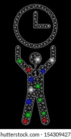 Bright mesh time champion with glare effect. White wire frame triangular mesh in vector format on a black background. Abstract 2d mesh designed with triangular lines, dots, colored glare spots.