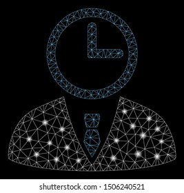 Bright mesh time manager with glow effect. Abstract illuminated model of time manager icon. Shiny wire frame triangular mesh time manager. Vector abstraction on a black background.