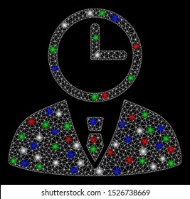Bright mesh time manager with glow effect. White wire carcass polygonal mesh in vector format on a black background. Abstract 2d mesh designed with polygonal grid, spheric points, colored glare spots.