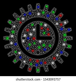 Bright mesh time options with lightspot effect. White wire frame triangular mesh in vector format on a black background. Abstract 2d mesh built from triangular lines, small circle,