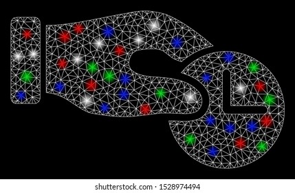 Bright mesh time properties with glare effect. White wire frame polygonal mesh in vector format on a black background. Abstract 2d mesh designed with polygonal grid, spheric points,